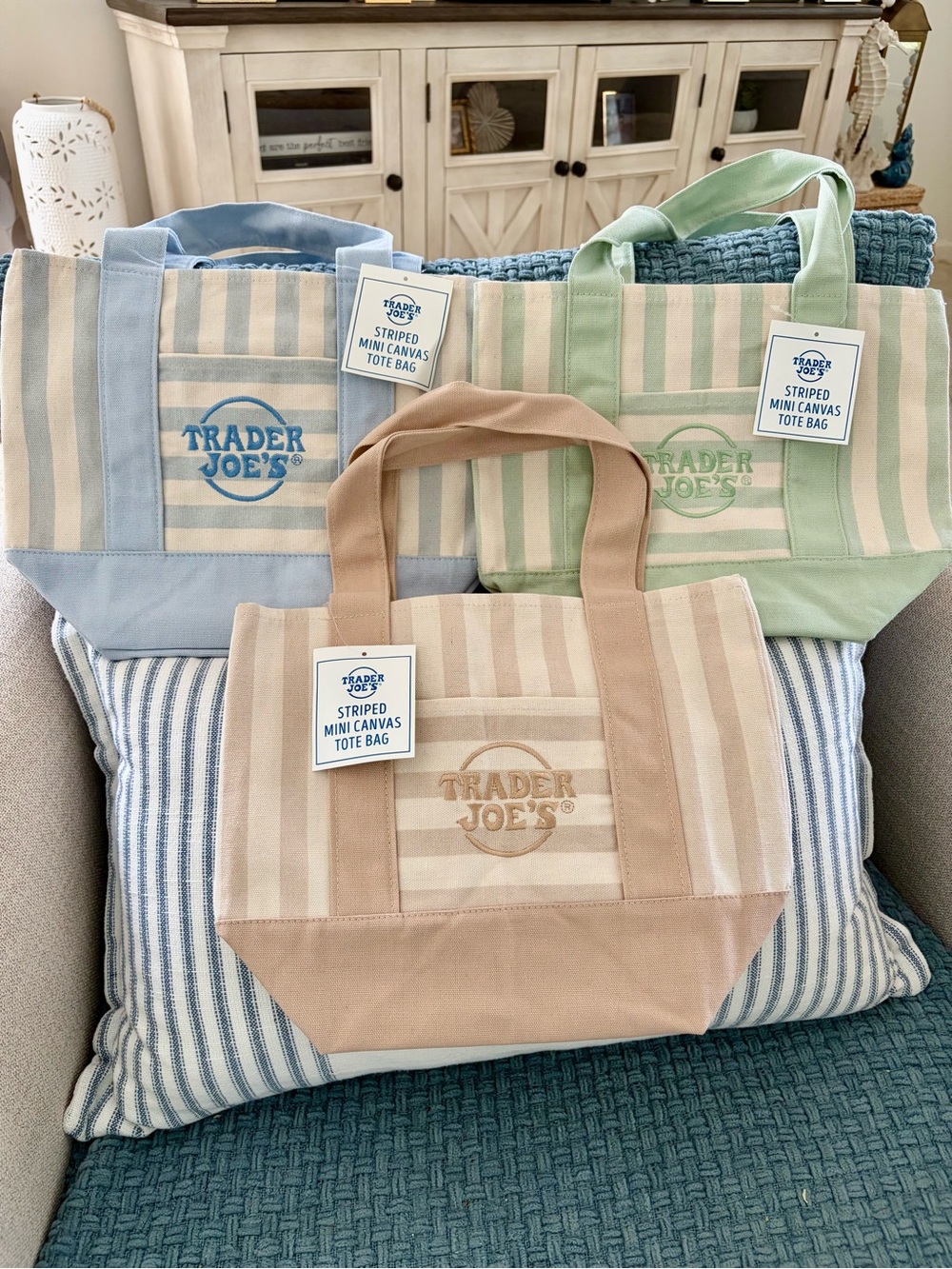Trader Joe’s Mini Tote Stripe Bag Stripe Blue & Tan & Green Set of 3 NEW